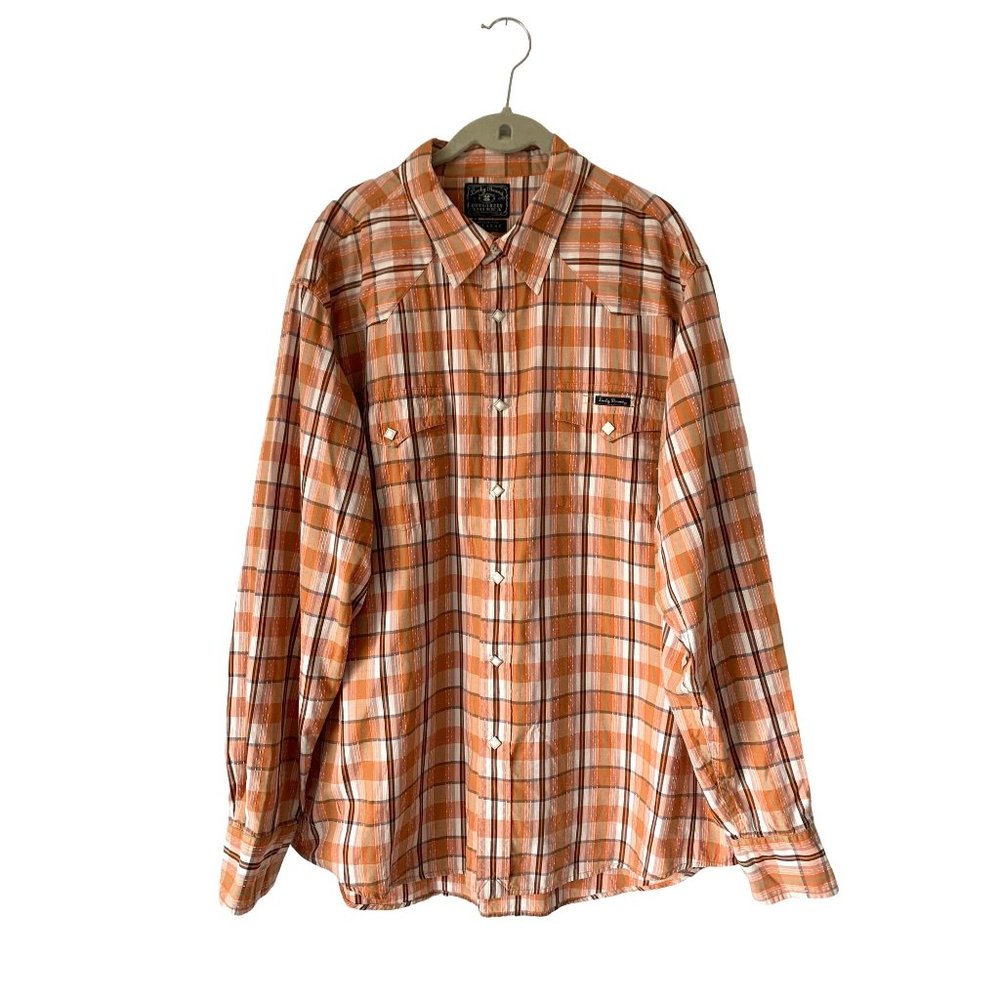Lucky Brand Plaid Enamel Diamond Shaped Snap Up Shirt Orange Green Size XL TALL